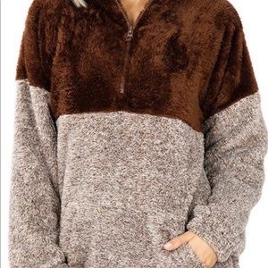 Zenana Outfitters Two Tone Faux Fur Half Zip Pullover